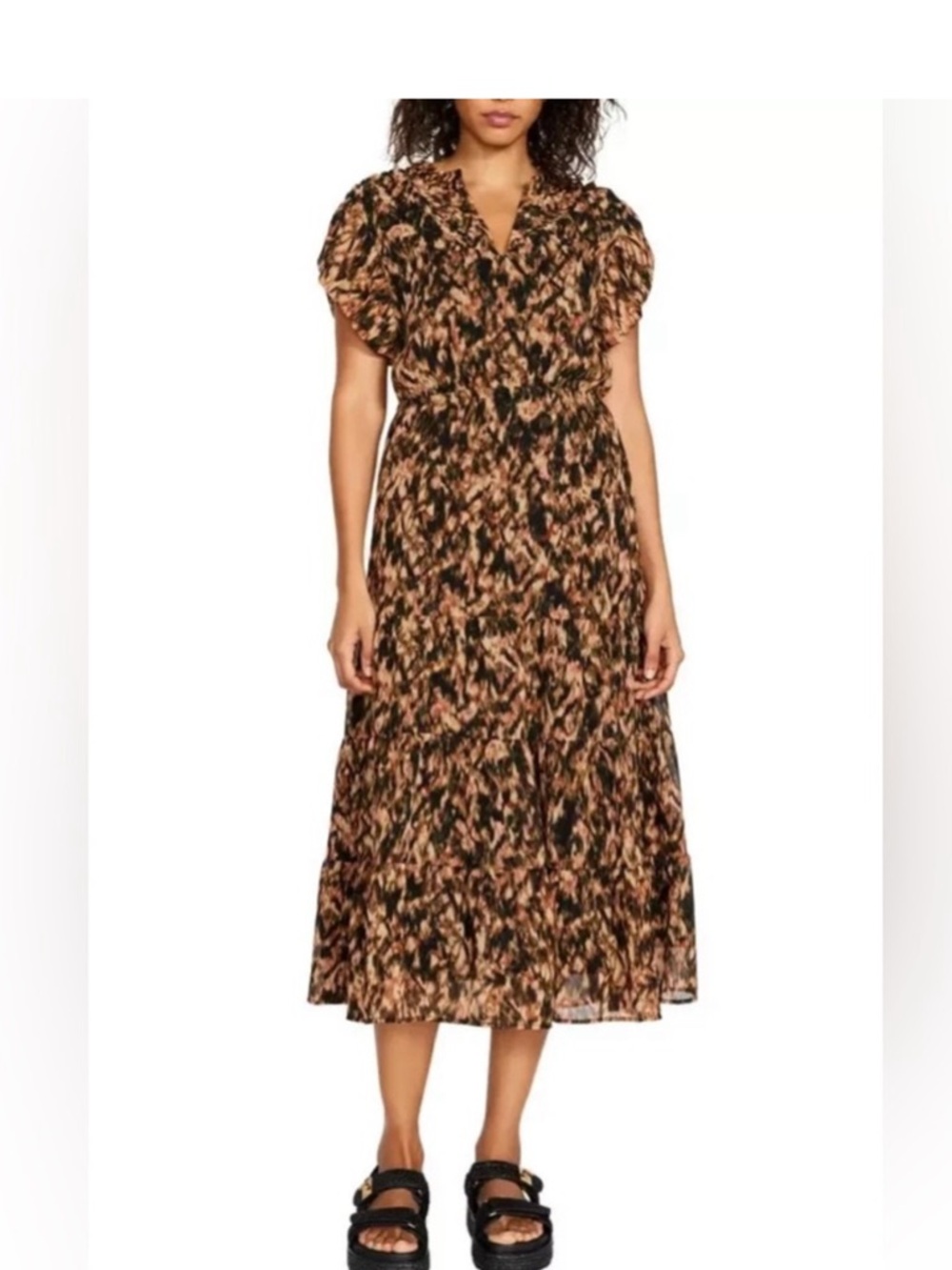 Steve Madden Black and Brown Printed V‑Neck Midi Dress